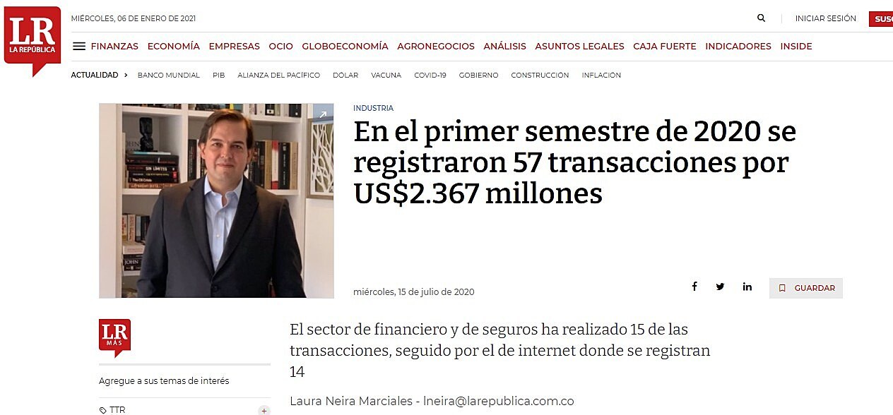 En el primer semestre de 2020 se registraron 57 transacciones por US$2.367 millones